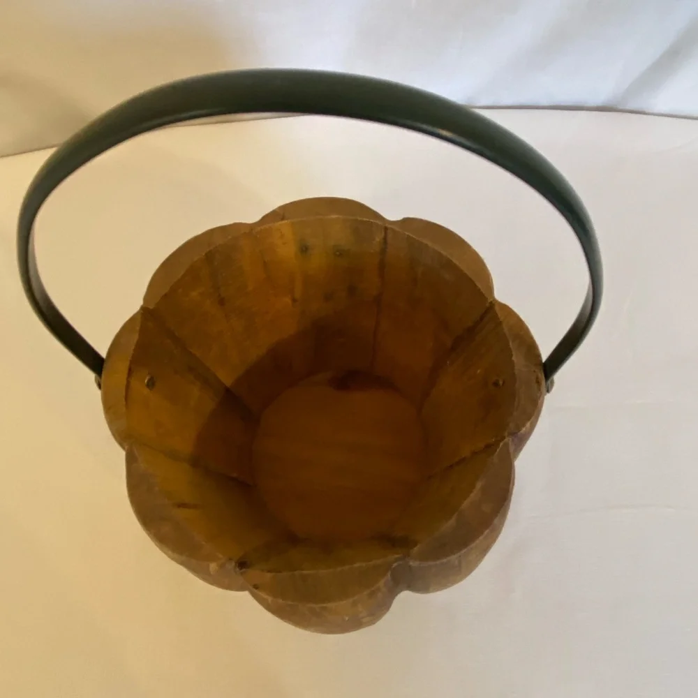 Rustic Pumpkin Bucket Pail Planter Candy Bowl Primitive Wooden Metal Handle
